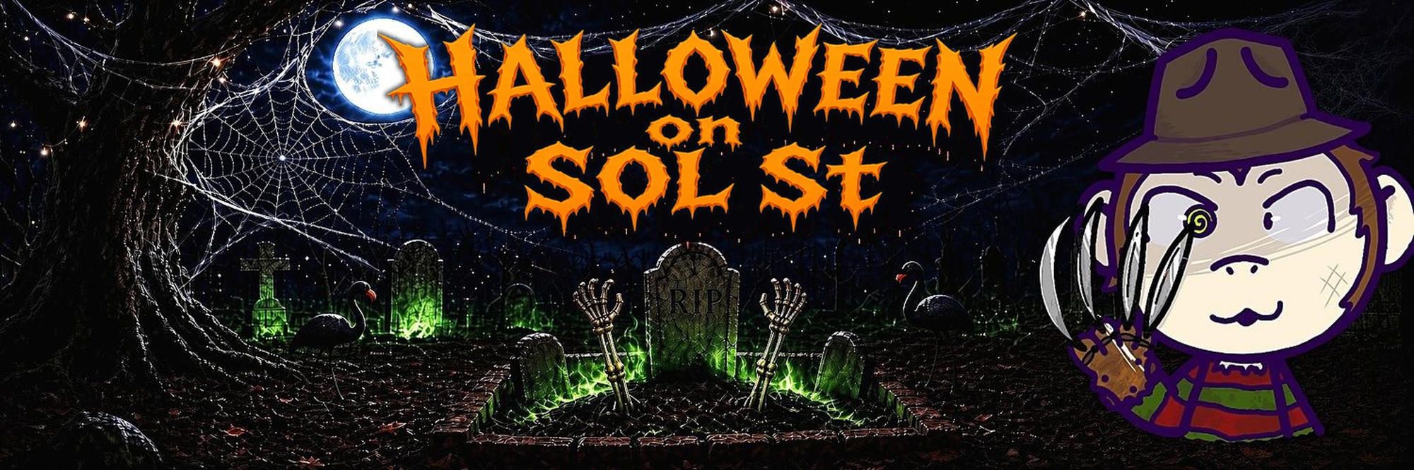 Halloween on SOL St banner: a moonlit graveyard with Freddy Monkey and dripping orange title lettering